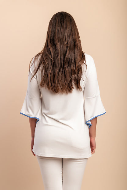 Top stampato con maniche a 3/4, blu