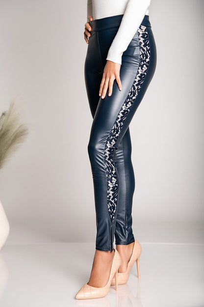 Eleganti leggings in ecopelle con pizzo Margaretta, nero