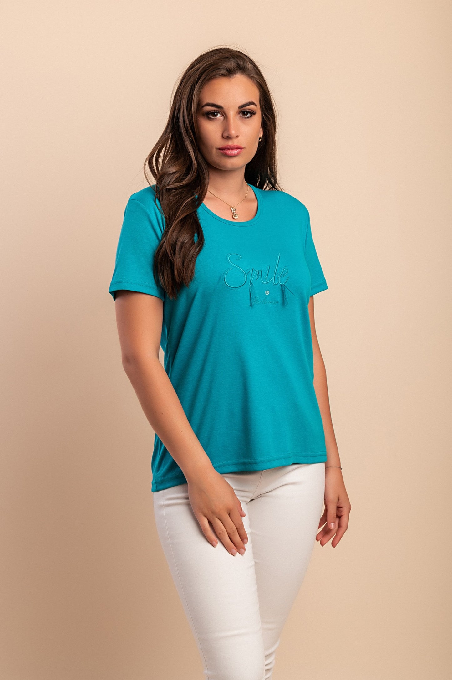 T-shirt in cotone con scollo rotondo, turchese