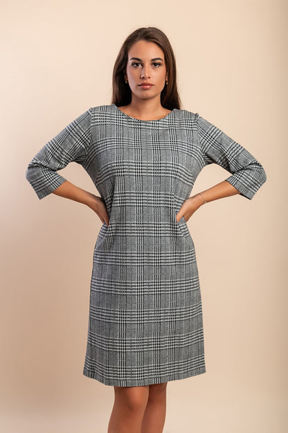 Abito midi con stampa a quadri, grigio