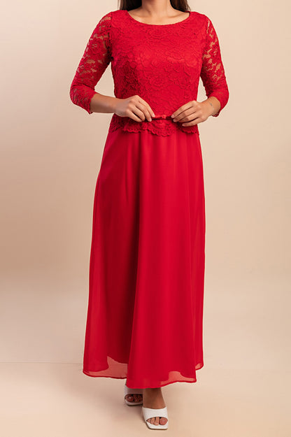 Elegante abito lungo con pizzo, rosso