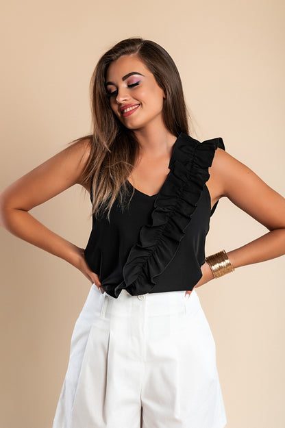 Top con volant, nero