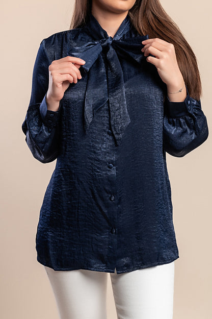 Camicetta taglie forti con fiocco, blu scuro