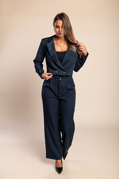 Elegante completo blazer e pantaloni con stampa a quadri, cammello