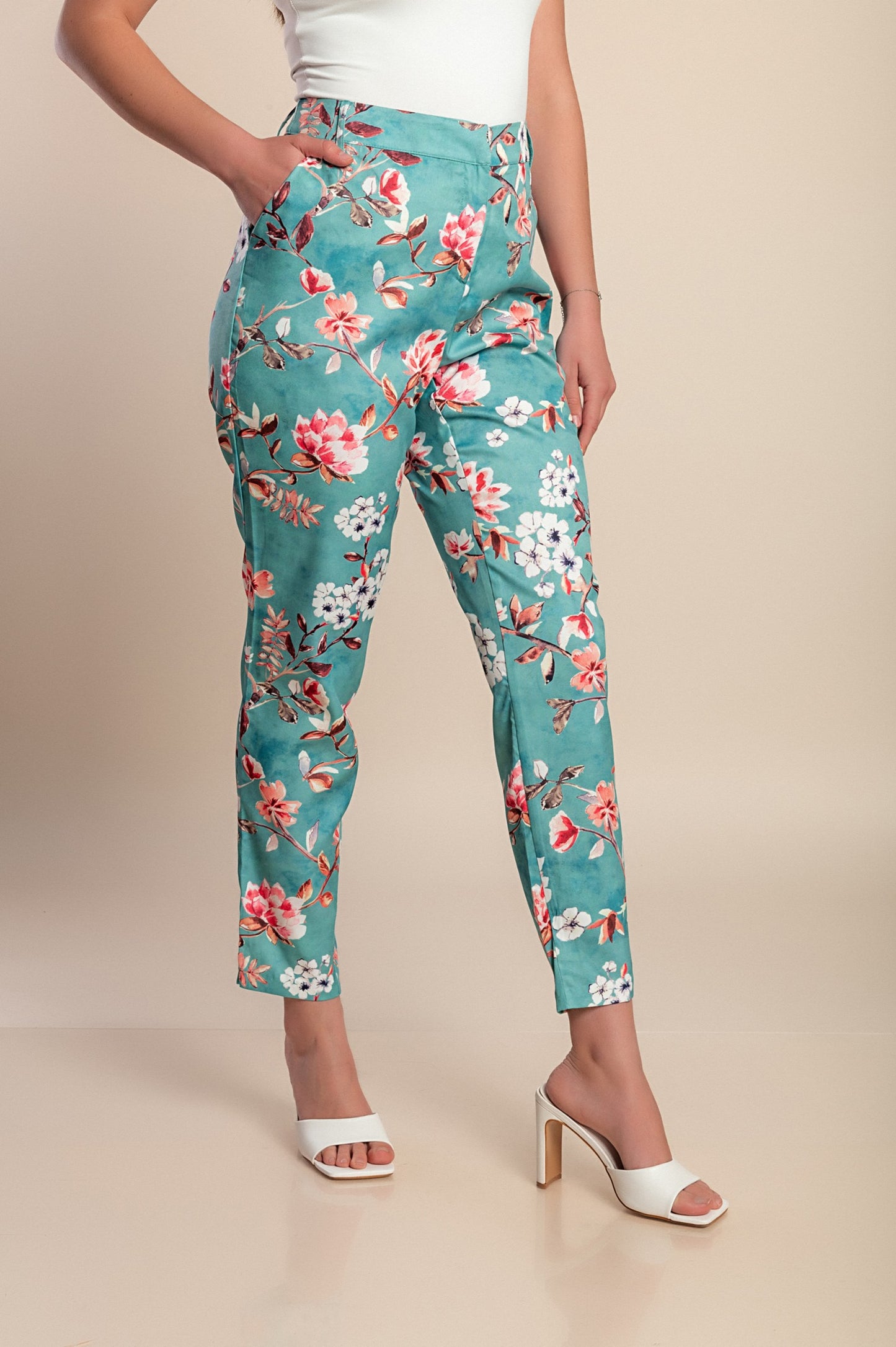 Pantaloni con stampa floreale taglie forti, verdi