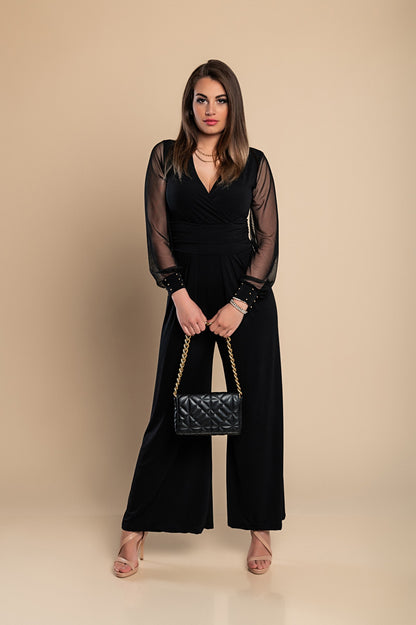 JUMPSUIT ELEGANTE CON SCOLLO A "V" E MANICHE TRASPARENTI CON RIVETTI GEORGINA, NERO