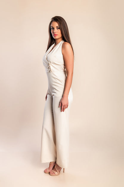 Tuta elegante con bottoni decorativi, beige