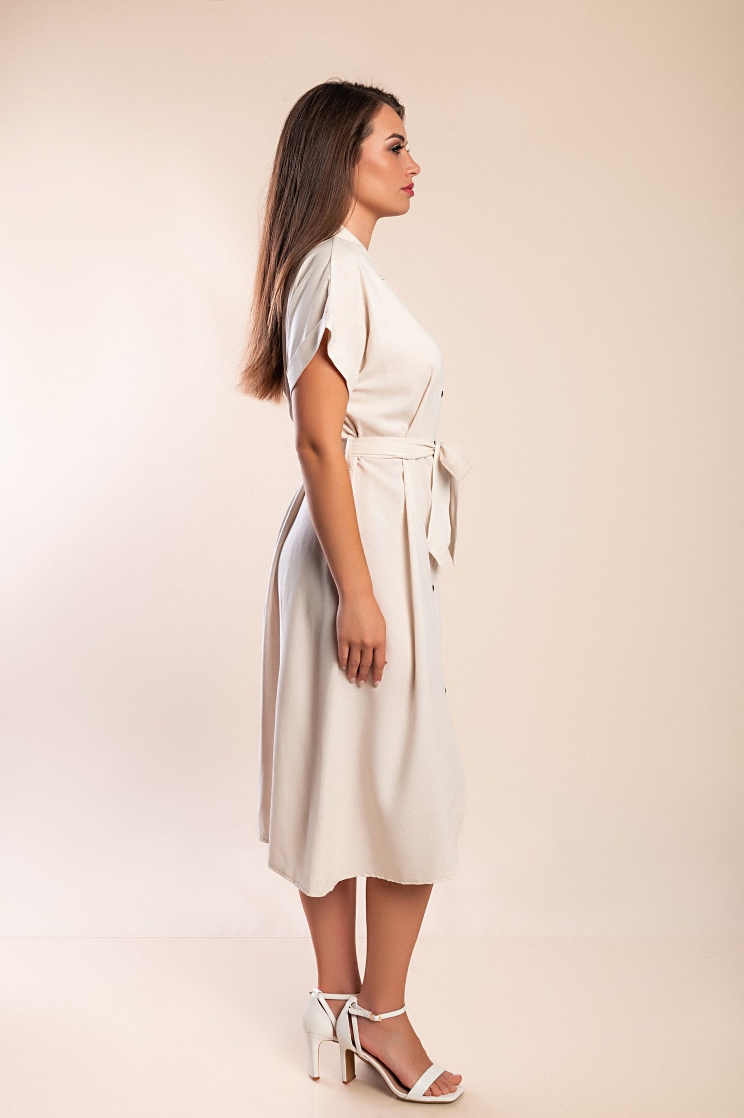 Abito midi in lino con bottoni, beige