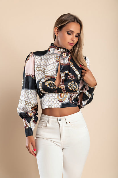 Camicia elegante con collo alto e maniche a campana  Diezma, nero - rosa