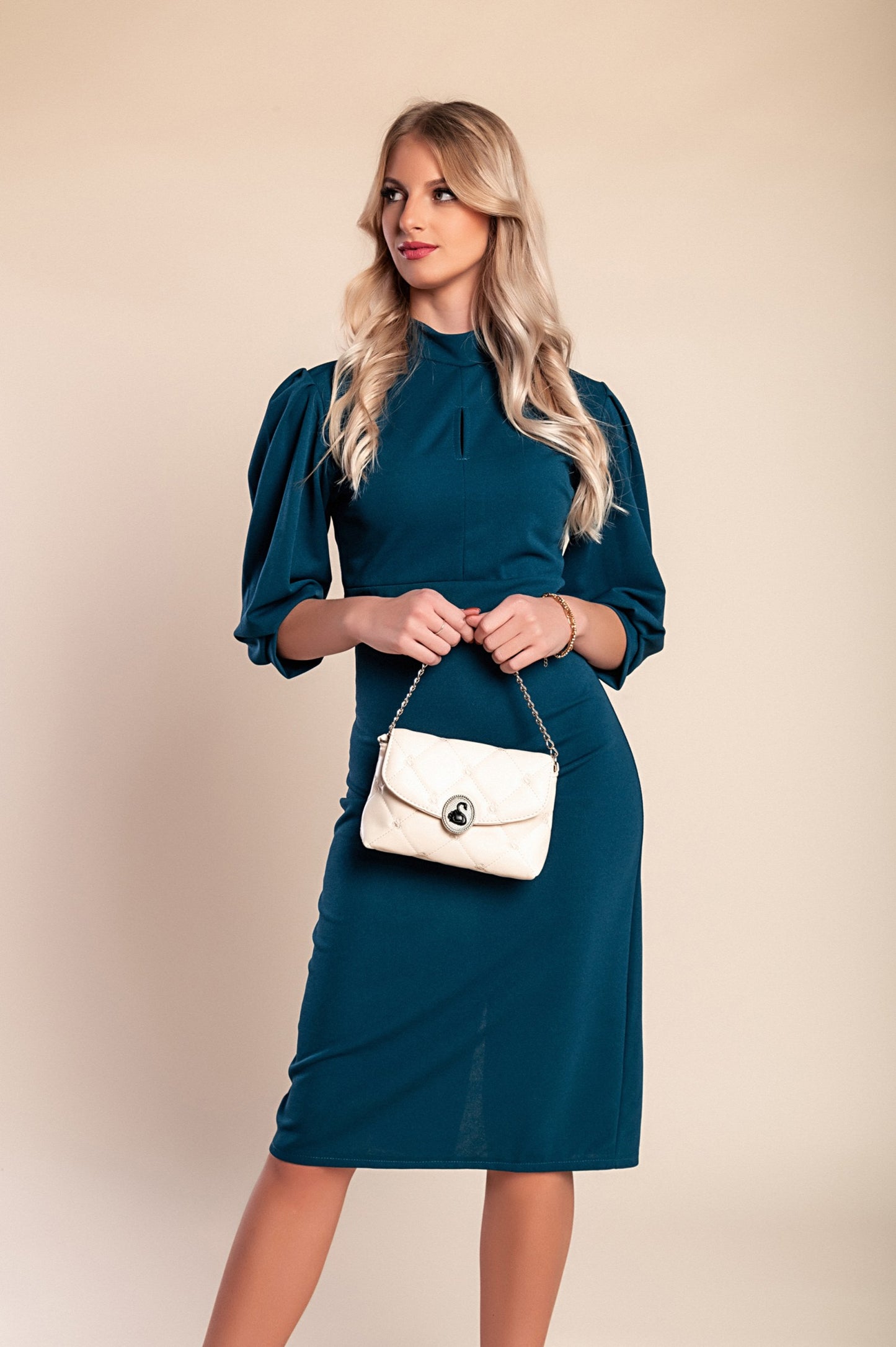 Abito midi con maniche a 3/4, beige