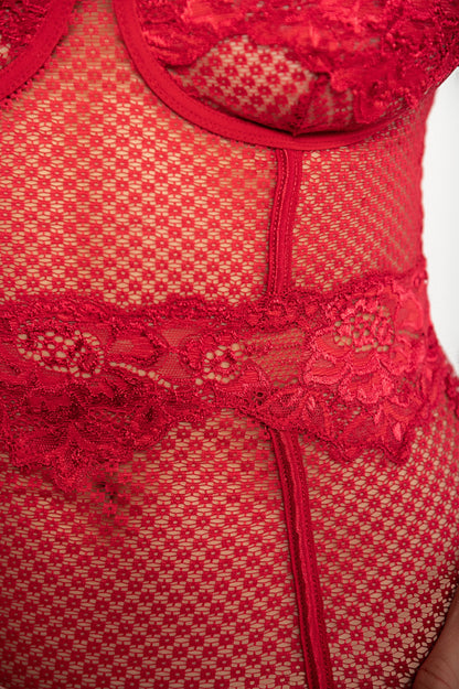 Intimo intero con dettagli in pizzo Saboga, rosso
