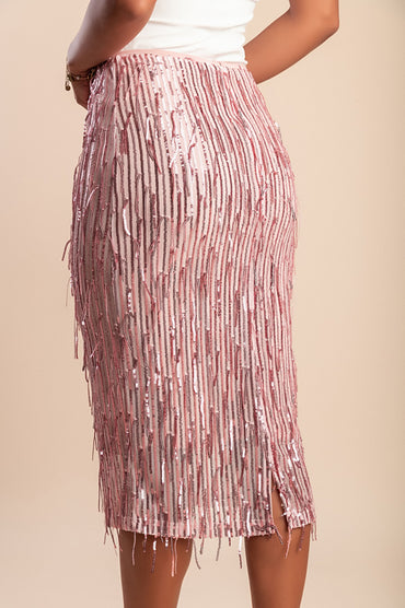 Elegante gonna midi con paillettes, rosa