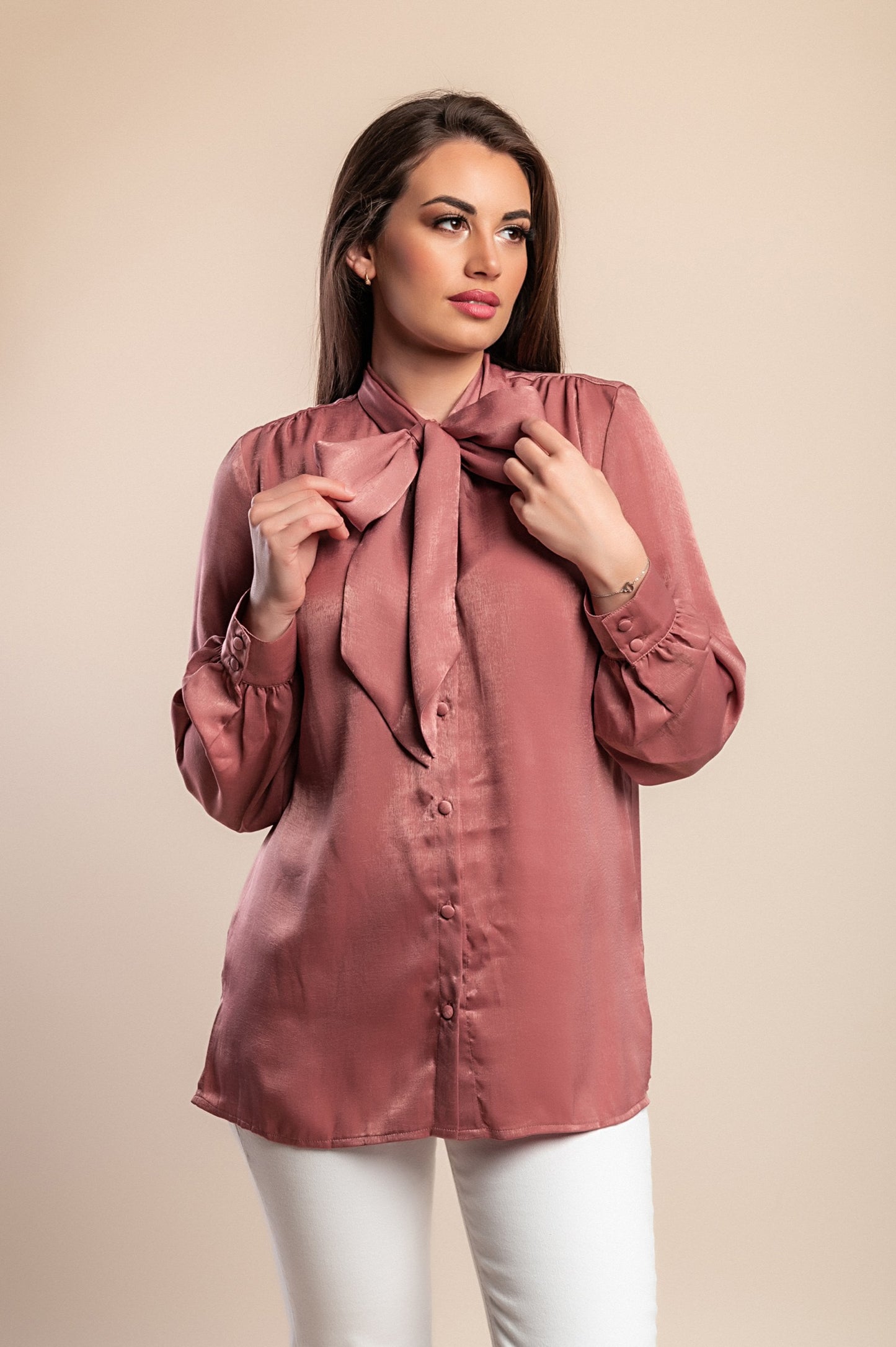 Camicetta taglie forti con fiocco, rosa antico