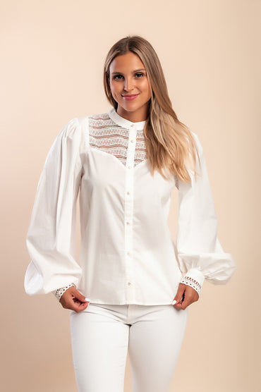 Camicia in cotone con pizzo, bianca