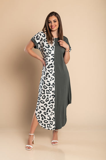 Elegante maxi abito con stampa leopardata, grigio