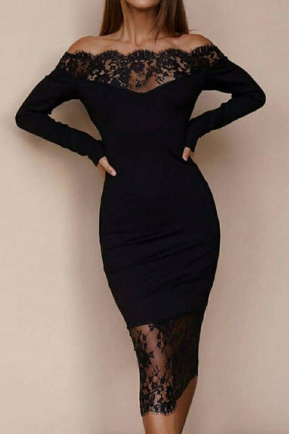 Abito elegante midi a maniche lunghe con dettaglio in pizzo trasparente Avignon, nero