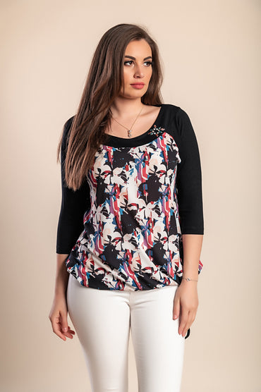 Top con maniche 3/4 stampato in taglie forti, nero