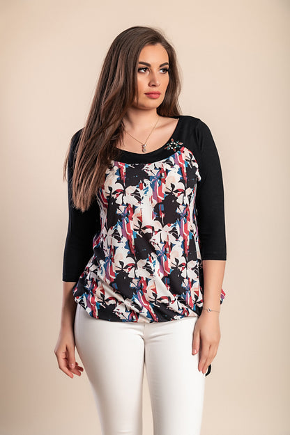 Top con maniche 3/4 stampato in taglie forti, nero