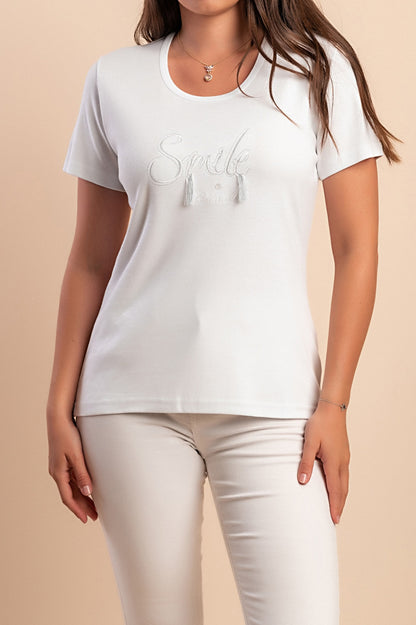 T-shirt in cotone con scollo rotondo, turchese