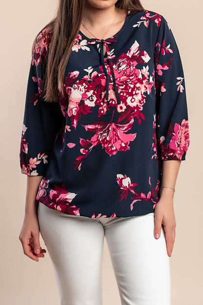 Camicetta taglie forti con stampa floreale, blu scuro