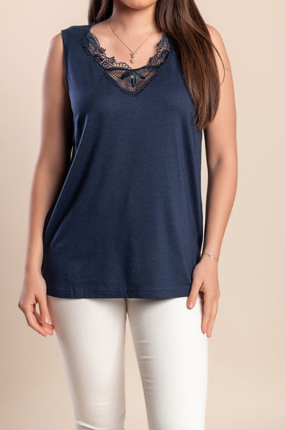 Top in cotone con pizzo, blu scuro