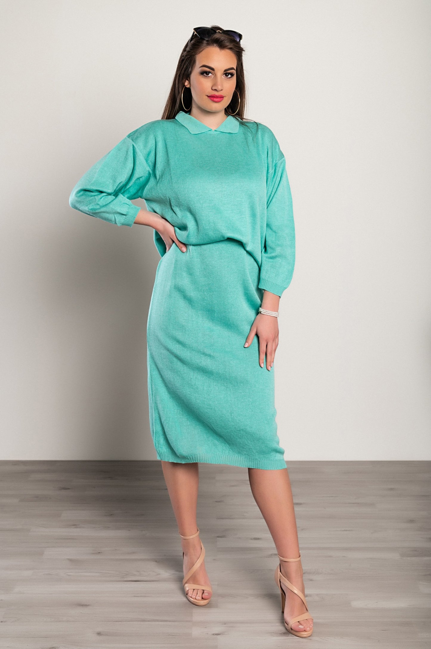 Set composto da gonna e top lungo in maglia, turchese