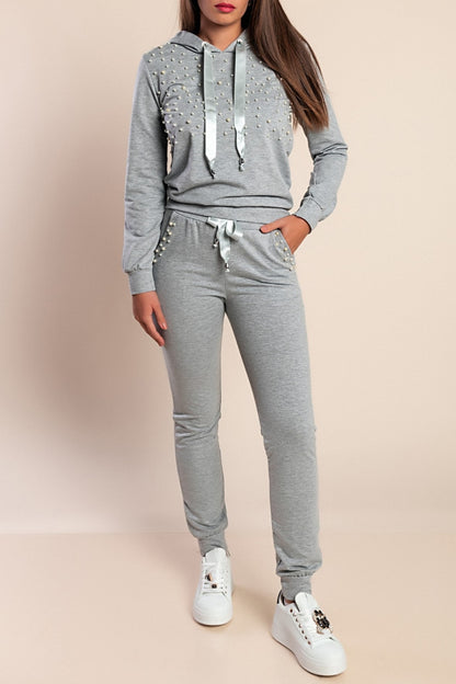 COMPLETO MAGLIETTA CON CAPPUCCIO E PANTALONE CON DETTAGLIATI DI PERLINE TINSELY, ROSA