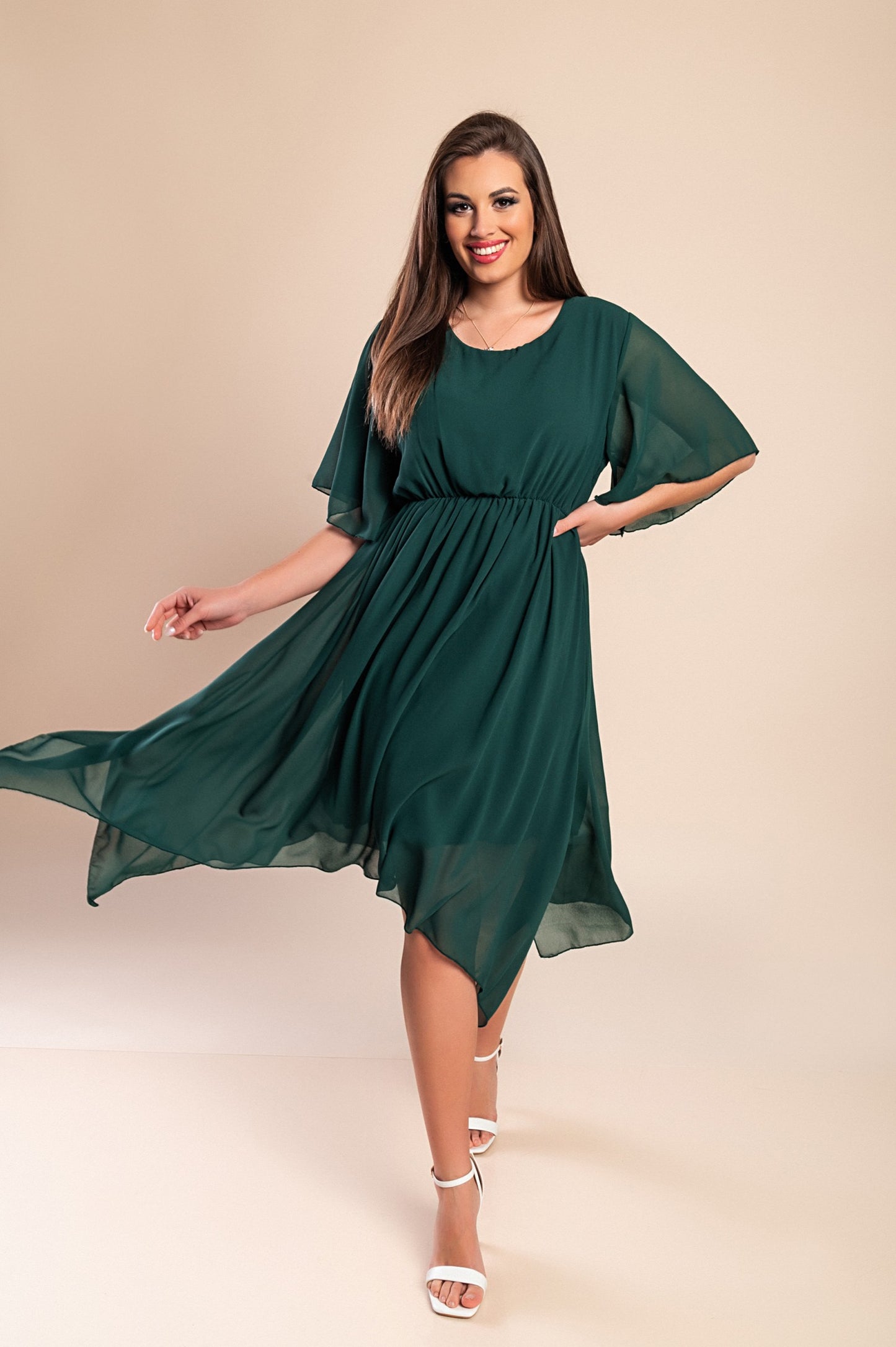 Abito midi lungo asimmetrico, verde scuro