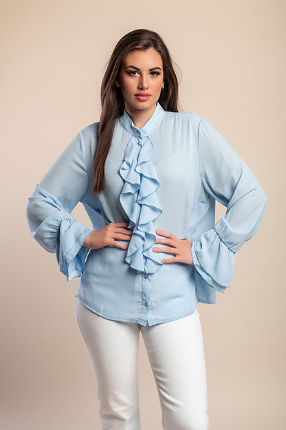 Camicetta taglie forti con volant, azzurra