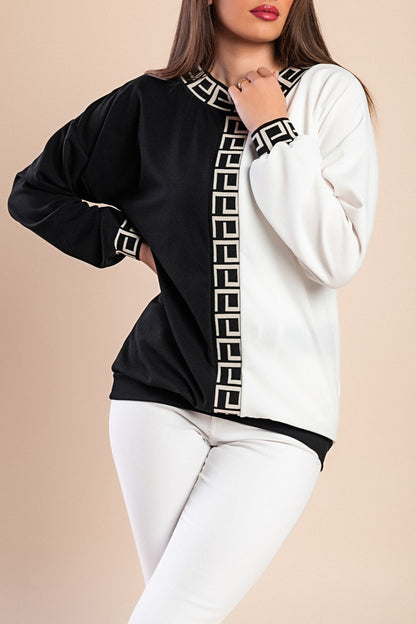 Maglia ampia con stampa geometrica, nero e beige