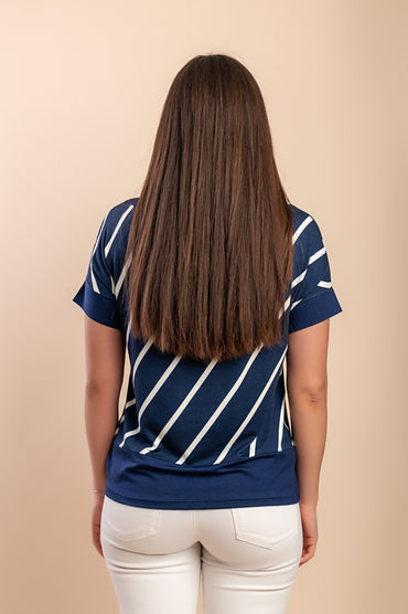 T-shirt in viscosa con stampa a righe, blu scuro