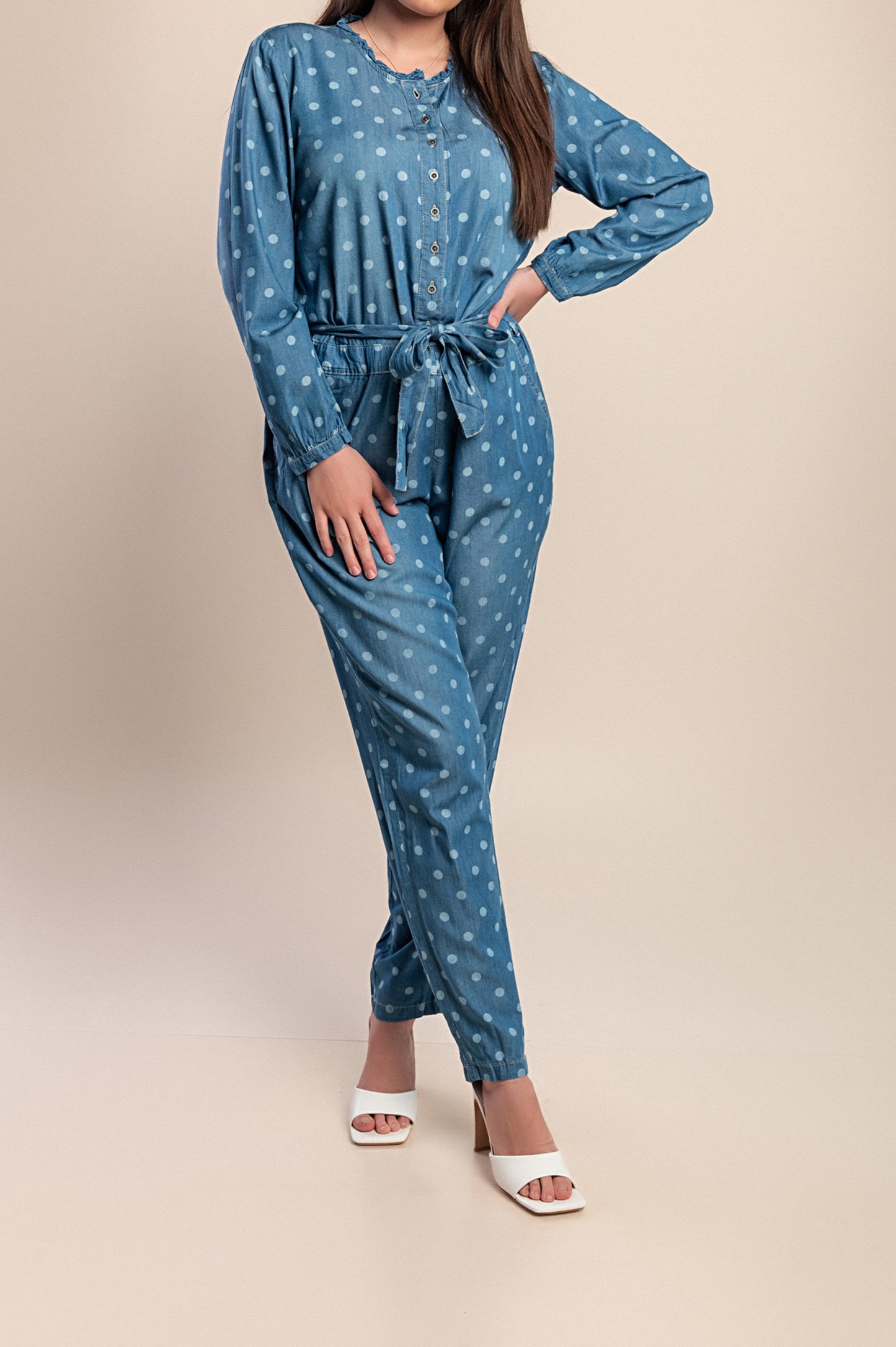 Tuta in denim con stampa a pois, blu