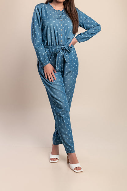Tuta in denim con stampa a pois, blu