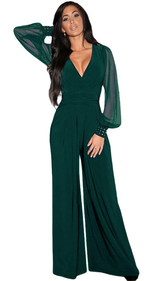 JUMPSUIT ELEGANTE CON SCOLLO A "V" E MANICHE TRASPARENTI CON RIVETTI GEORGINA, NERO