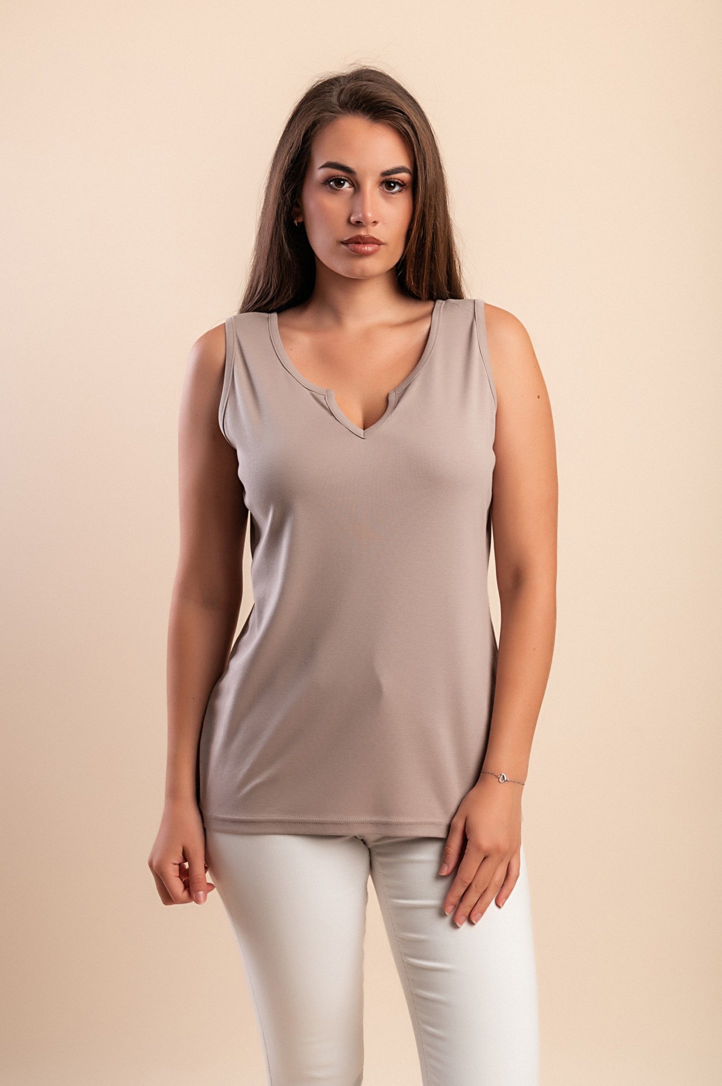 Camicia senza maniche in cotone, beige