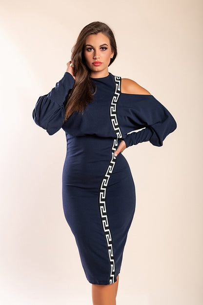 Elegante abito midi con stampa geometrica, nero e beige