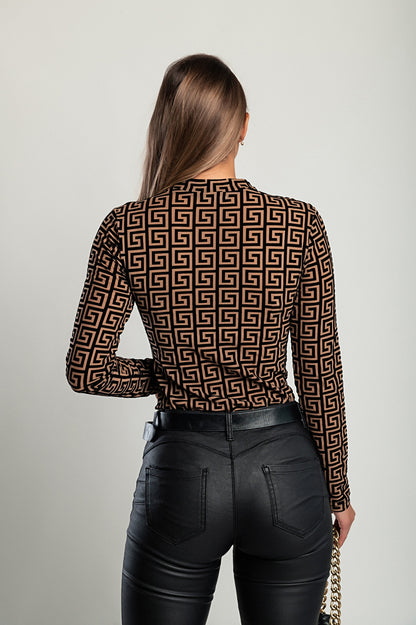 Body semitrasparente con stampa geometrica, colore marrone