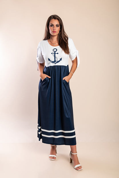 Abito midi con stampa ancora, bianco/blu navy