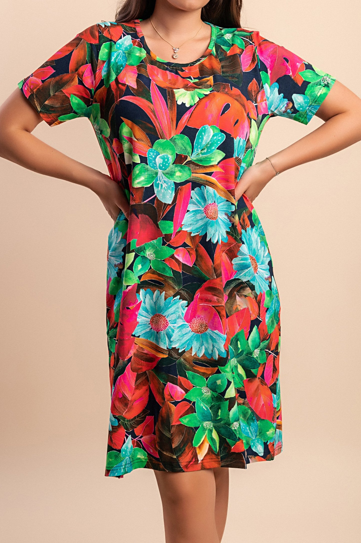 Abito midi con stampa floreale, multicolore