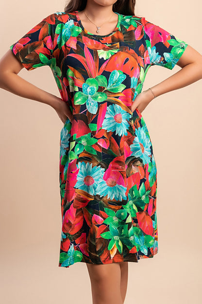 Abito midi con stampa floreale, multicolore