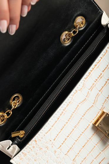 Borsa a mano stampa coccodrillo, bianco-oro