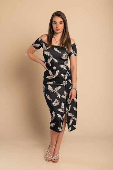 Elegante abito midi con stampa, nero