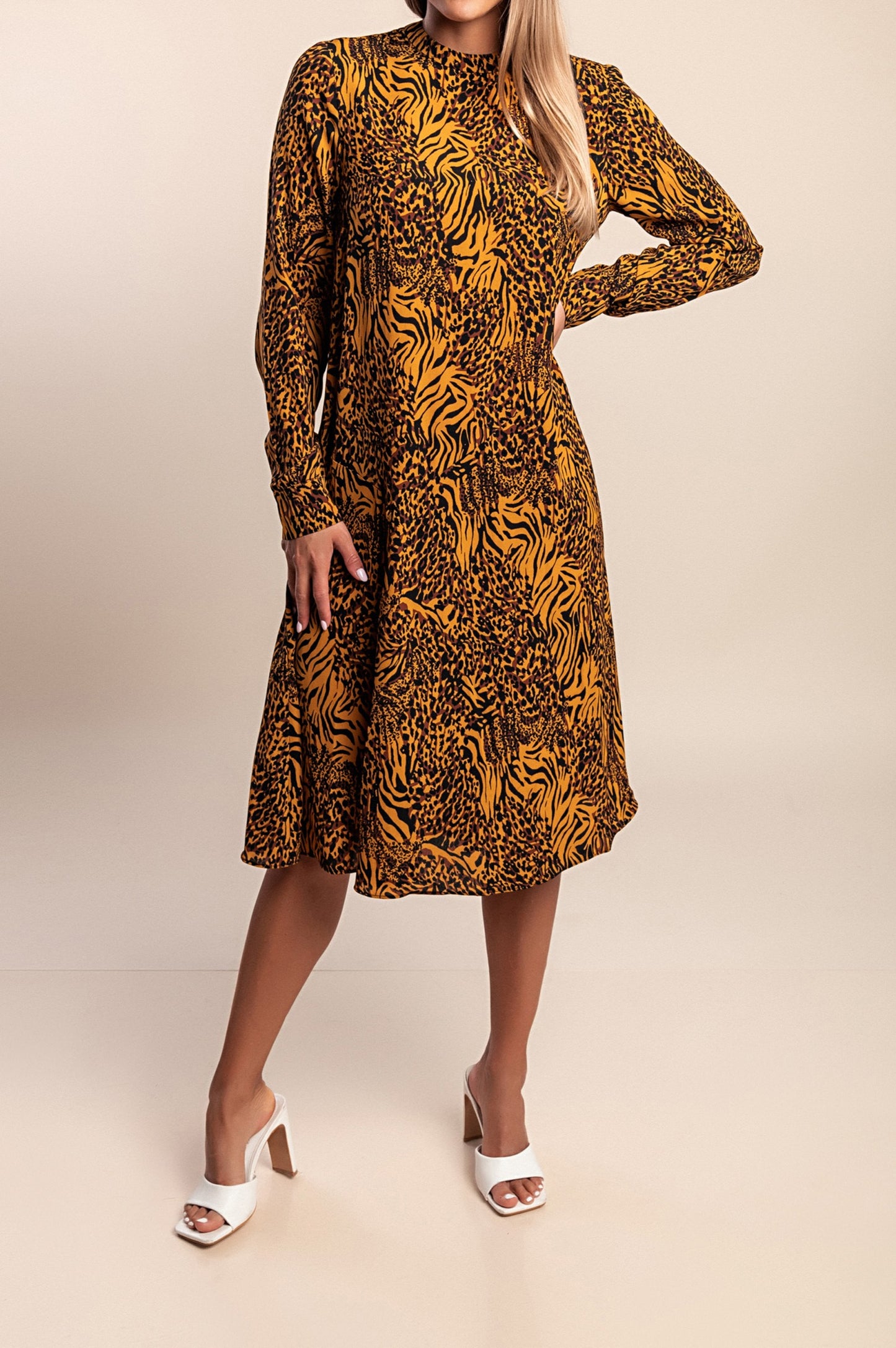 Abito midi con stampa, marrone