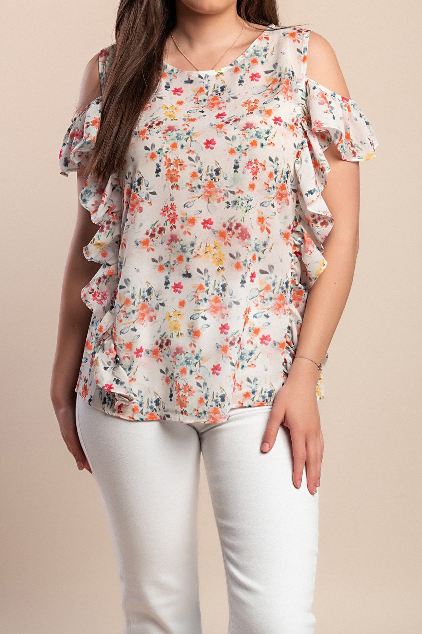 Top taglie forti con volant, bianco