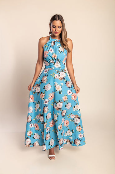 Abito lungo con stampa floreale, azzurro