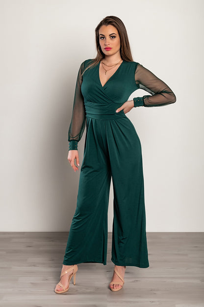 JUMPSUIT ELEGANTE CON SCOLLO A "V" E MANICHE TRASPARENTI CON RIVETTI GEORGINA, NERO