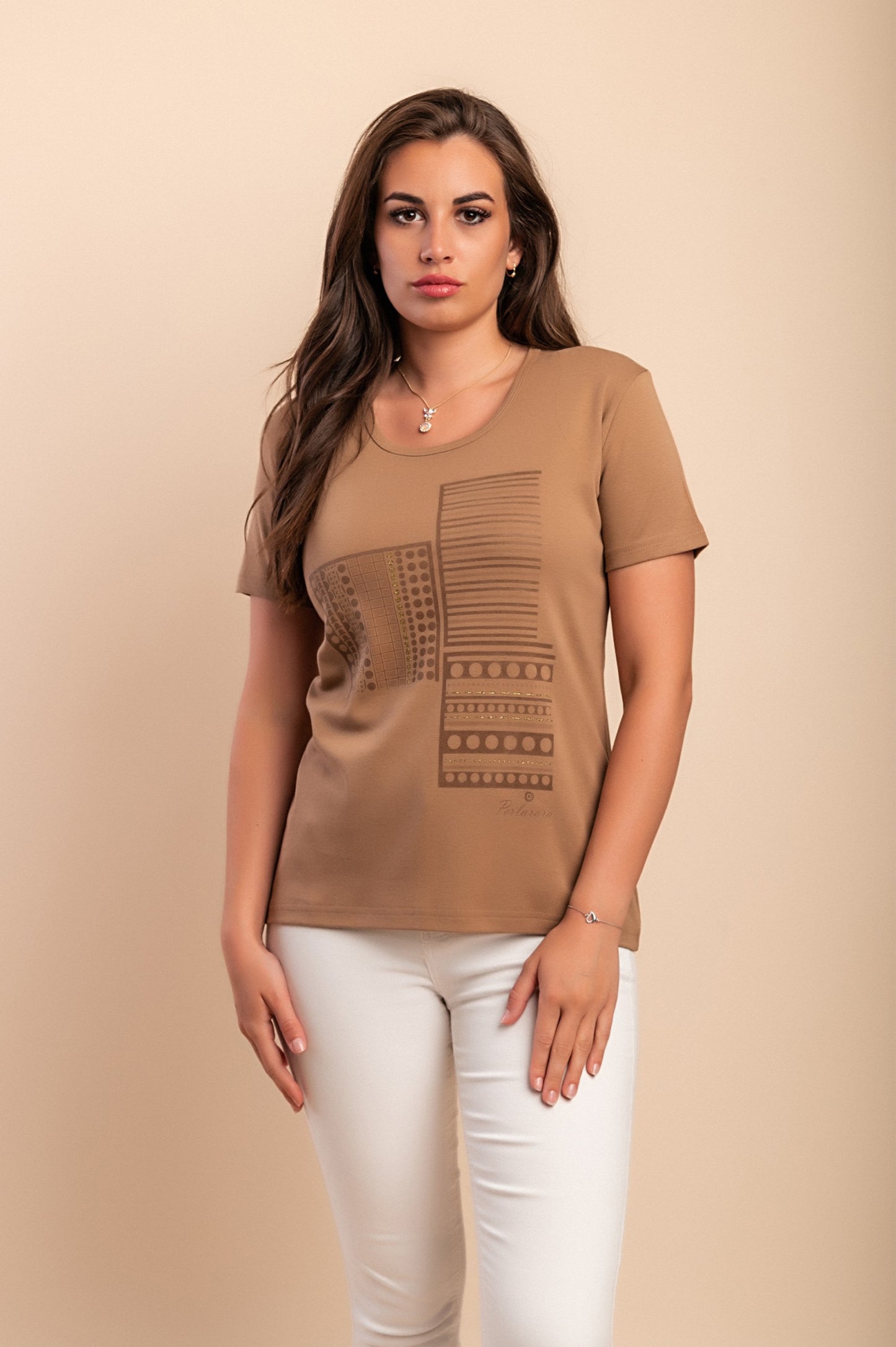 T-shirt in cotone con stampa, cammello