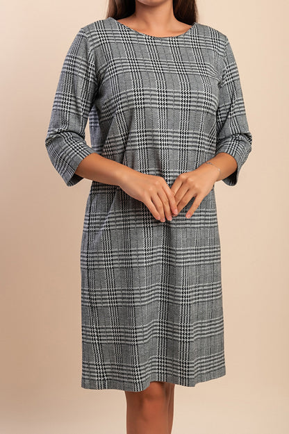 Abito midi con stampa a quadri, grigio