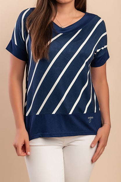 T-shirt in viscosa con stampa a righe, blu scuro