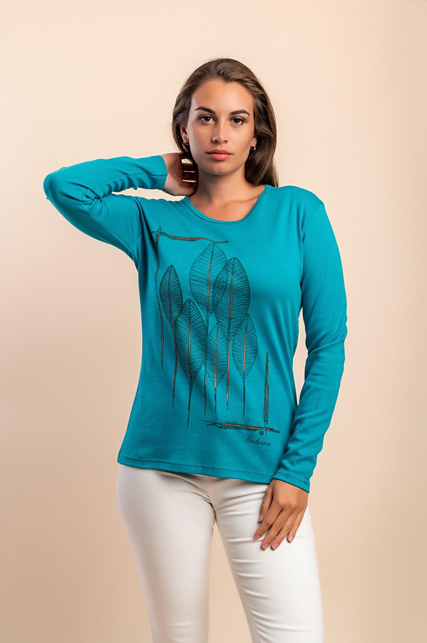 Top a maniche lunghe in cotone, menta